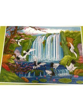 Land Of Paradise Cross-Stitch Pattern 23.5" x 18" Waterfall & Cranes Design